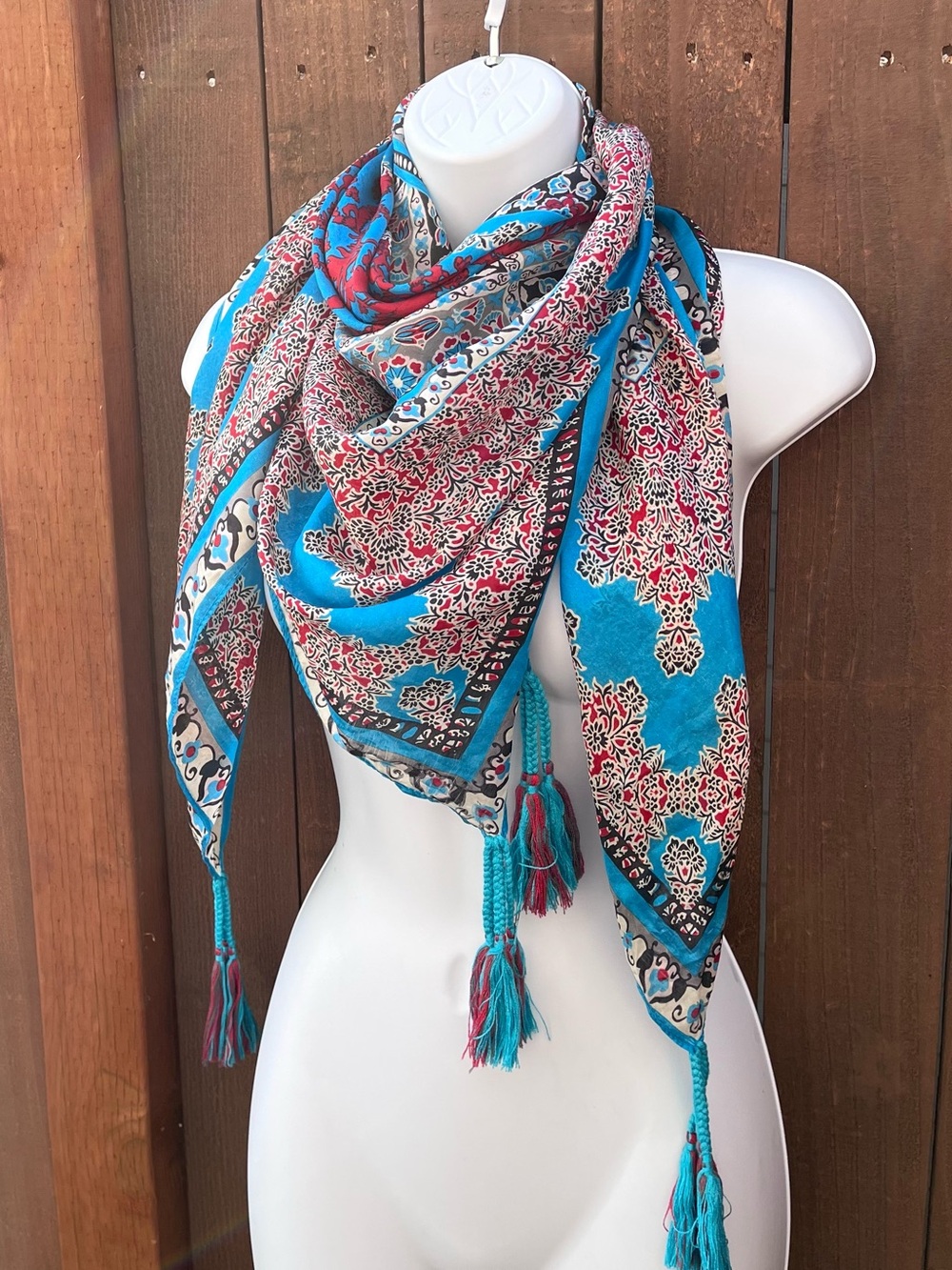 💯 Silk Johnny Was Scarf with Tassels 42 x 42